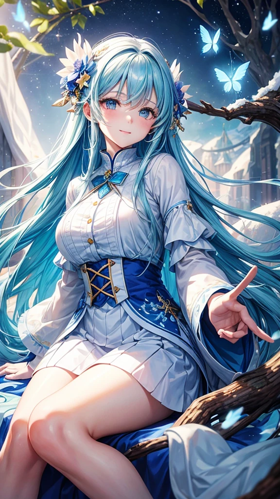 A young woman with long blue hair, wearing a white and blue winter outfit, sits on a branch with a large blue flower, her hand reaching out to the sky. She has a playful expression on her face and is surrounded by a magical aura.

[Anime style, vibrant colors, magical and whimsical, inspired by the works of Mihoyo and Pixiv artists], [dynamic composition, soft lighting, glowing effects, bokeh effect, motion blur, detailed textures, background with a starry sky and white butterflies]