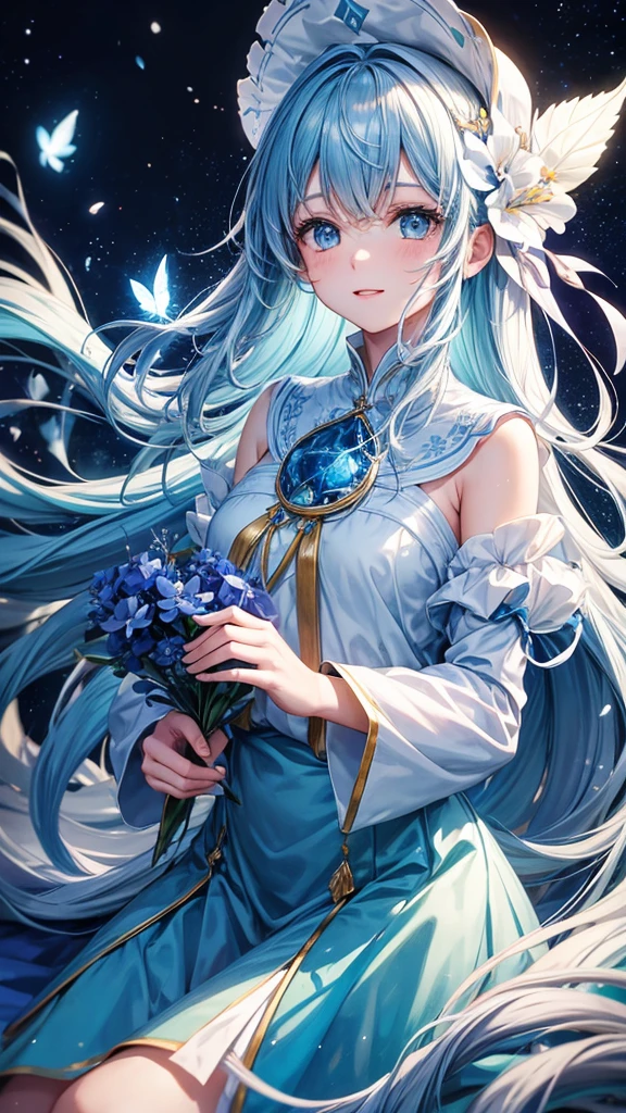 A young woman with long blue hair, wearing a white and blue winter outfit, sits on a branch with a large blue flower, her hand reaching out to the sky. She has a playful expression on her face and is surrounded by a magical aura.

[Anime style, vibrant colors, magical and whimsical, inspired by the works of Mihoyo and Pixiv artists], [dynamic composition, soft lighting, glowing effects, bokeh effect, motion blur, detailed textures, background with a starry sky and white butterflies]