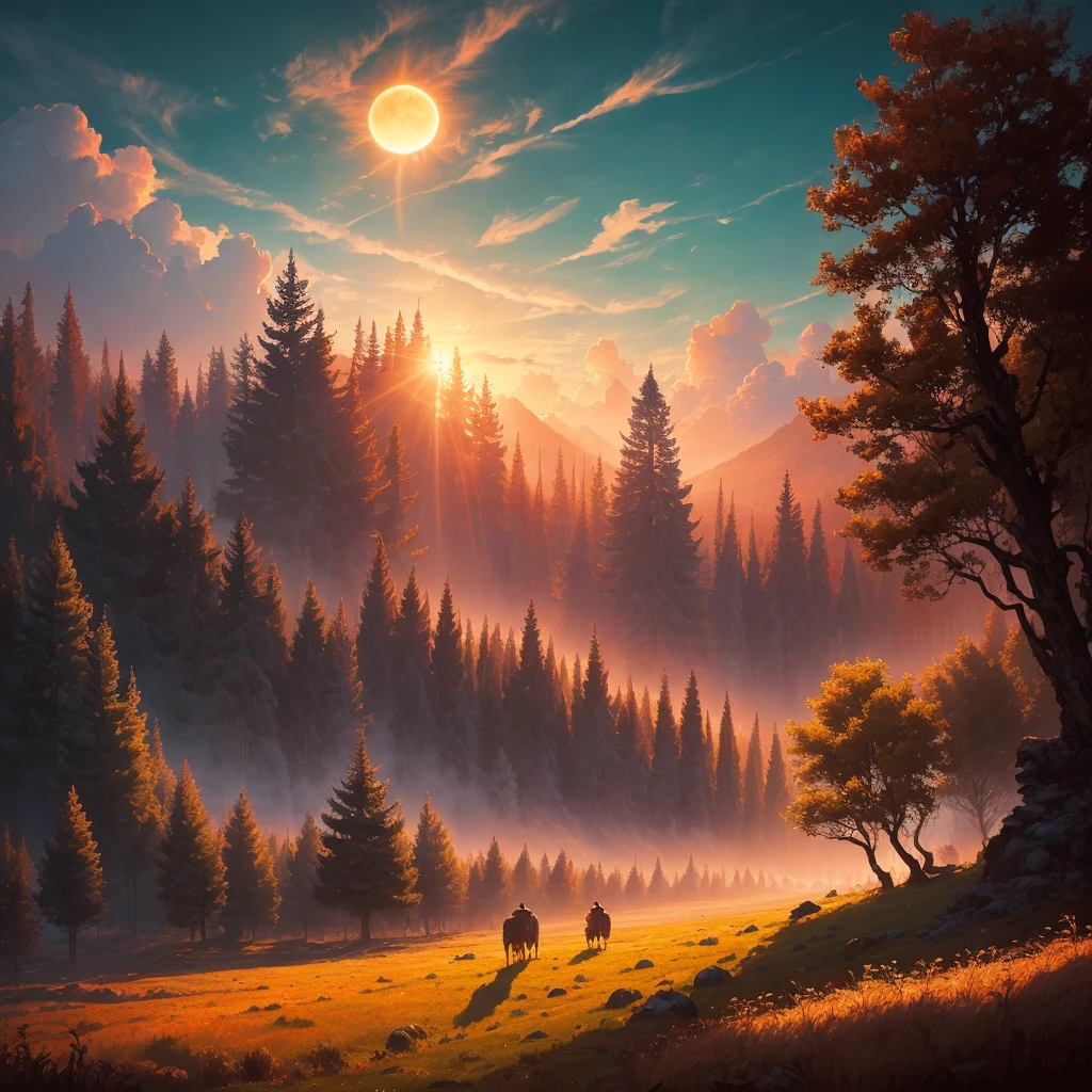 landscape on a strange alien planet, twin suns, atmospheric colours, fields, trees in the background, dense foliage, animals, picturesque, photo, synthwave