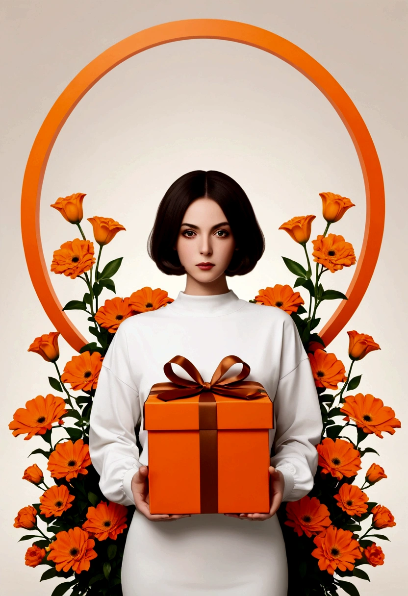 poster design,The face is a giant orange gift box,Flowers,Ribbon,White crewneck shirt,fantasy,modern,Minimalism,fantasy,science and technology,in style of Hayv Kahraman