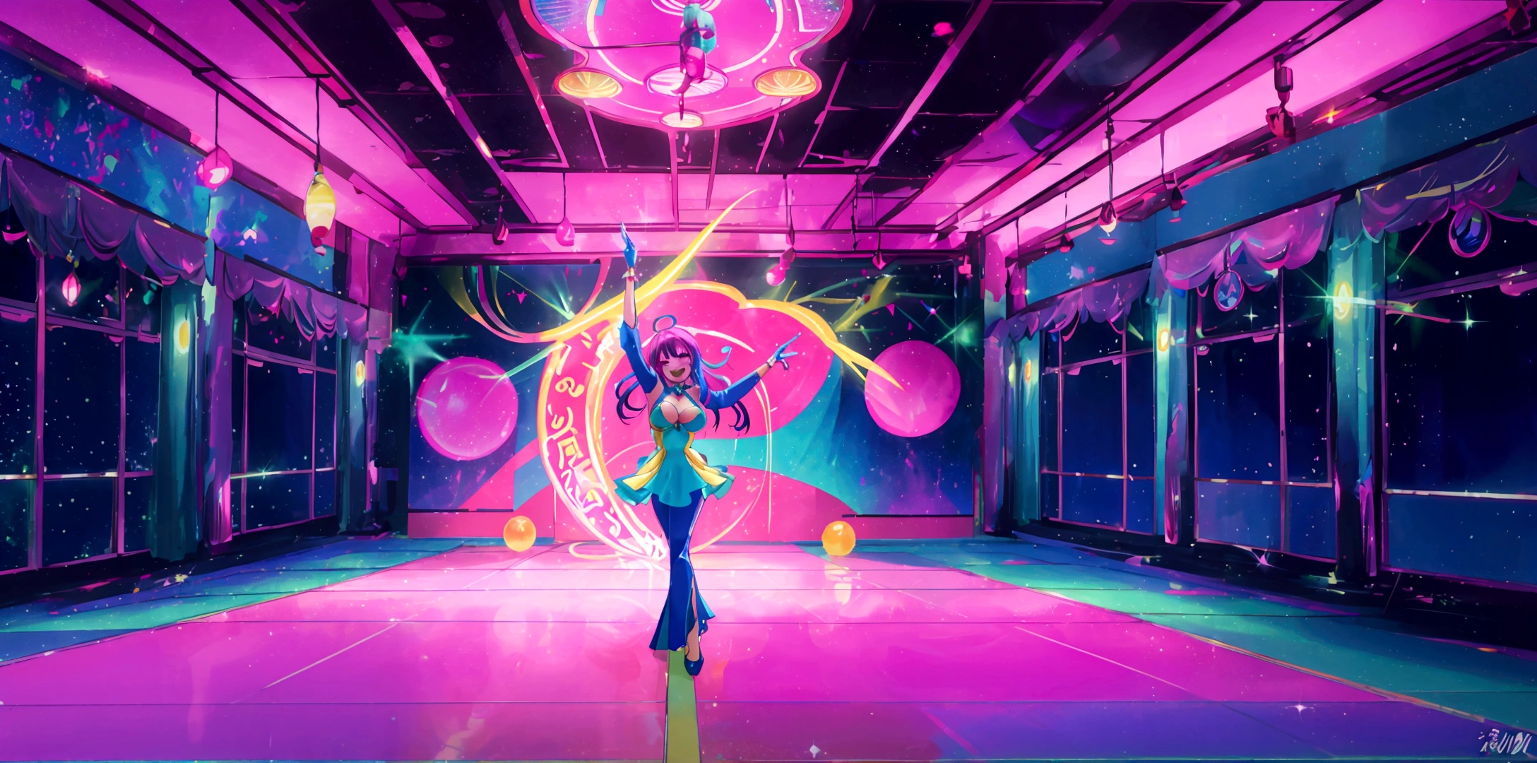 A vibrant and colorful anime-style dance floor scene. The background features bright neon lights and a lively atmosphere. The setting includes shining disco balls and colorful lights painting the floor, creating a sense of celebration and happiness. The scene captures the essence of a joyful and upbeat dance party, with a magical and festive environment.