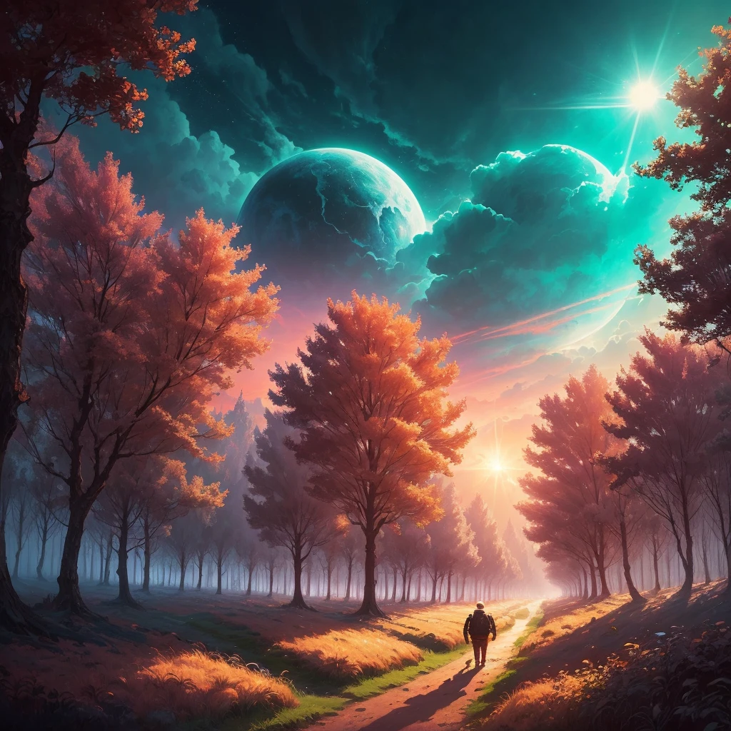 landscape on a strange alien planet, twin suns, atmospheric colours, fields, trees in the background, dense foliage, animals, picturesque, photo, synthwave