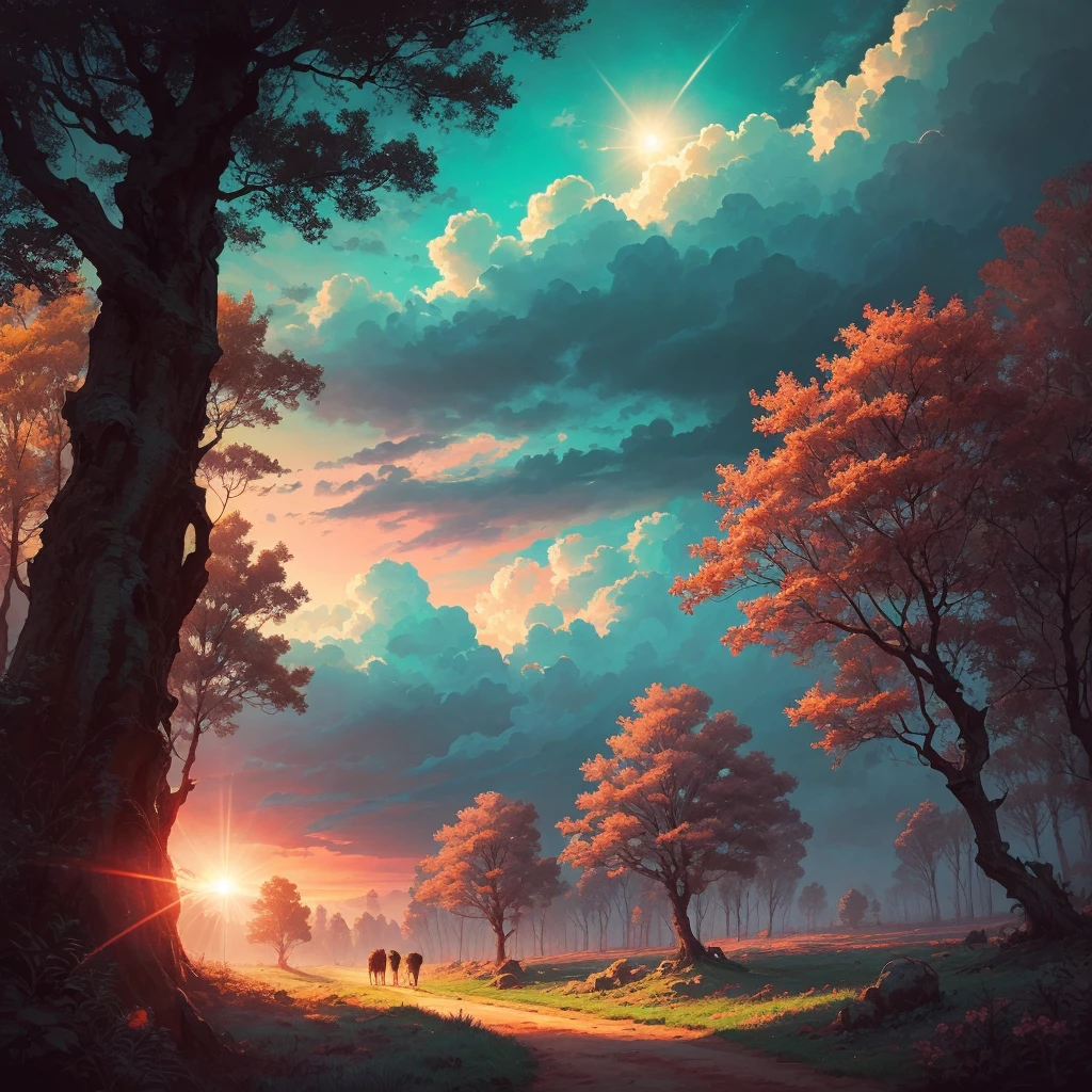 landscape on a strange alien planet, twin suns, atmospheric colours, fields, trees in the background, dense foliage, animals, picturesque, photo, synthwave