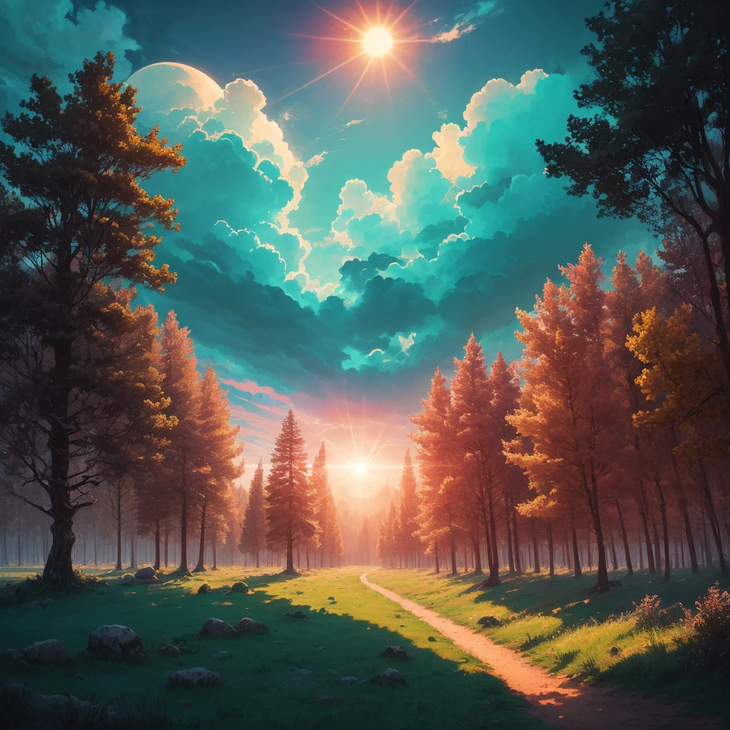 landscape on a strange alien planet, twin suns, atmospheric colours, fields, trees in the background, dense foliage, animals, picturesque, photo, synthwave