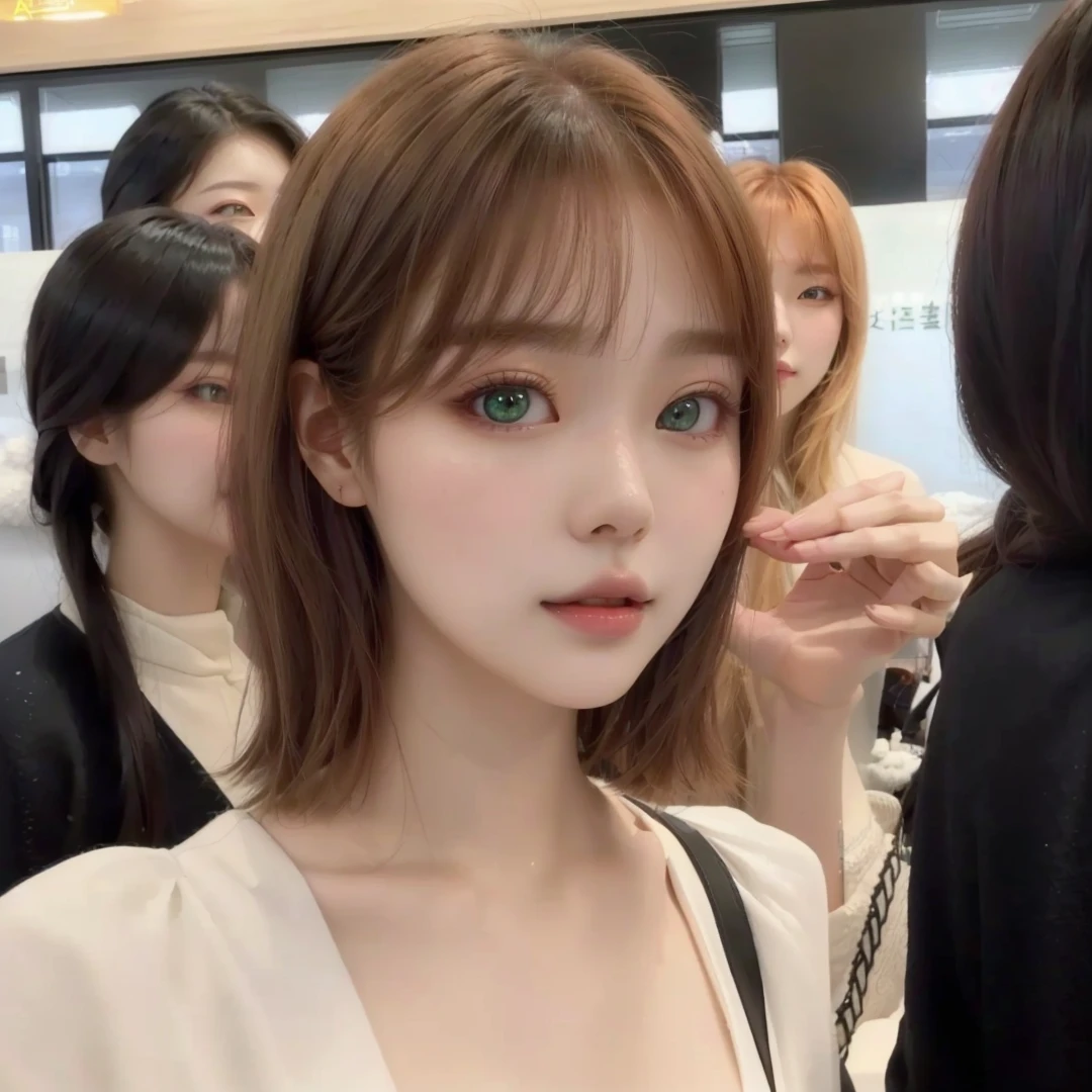 Winter aespa face, winter aespa, aespa, Korean face, Korean female face, female face, angel aura, looking like a inocent doll, delicate feature, ginger short hair, green soft eyes, smooth skin, hd 4k, high quality photo