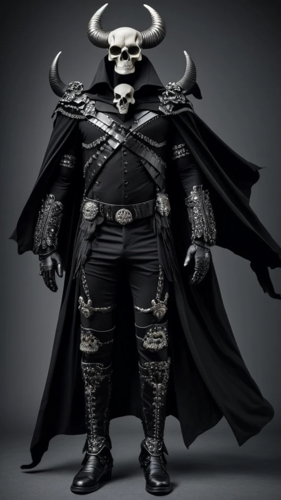 A skull with a skull face with a horn on its head facing backwards its skull torso wearing a black cape its body is all bones its hands are skulls its feet are ox legs wearing black pants and holding a bone cane in its right hand