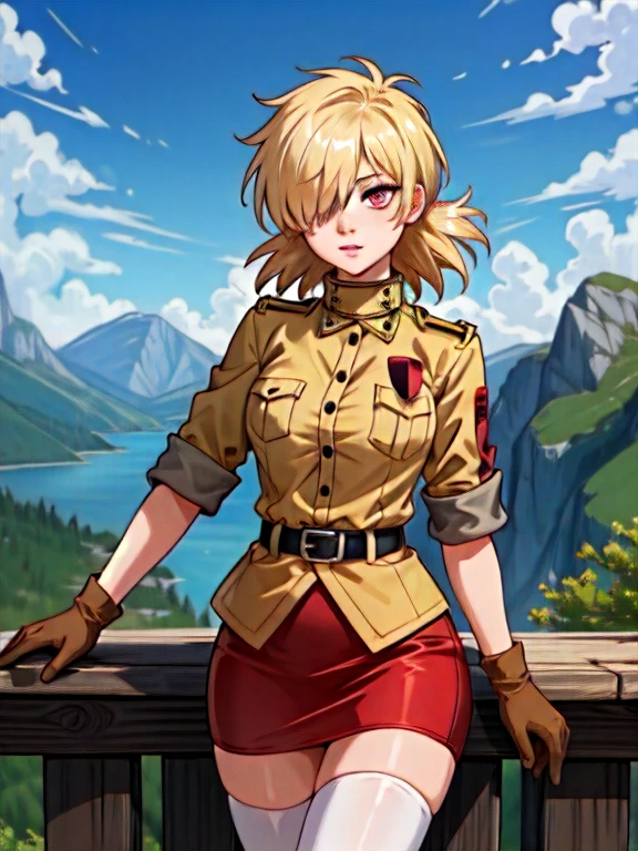 (masterpiece, best quality),  intricate details,
1girl, seras victoria, hair over one eye, blue / red eyes, military uniform, yellow shirt, gloves, skirt, white thighhighs, belt, multiple views, scenery