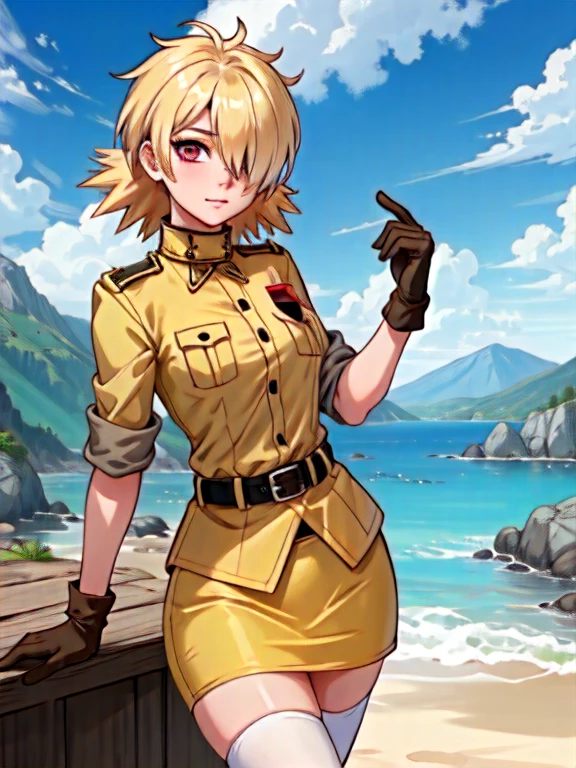 (masterpiece, best quality),  intricate details,
1girl, seras victoria, hair over one eye, blue / red eyes, military uniform, yellow shirt, gloves, skirt, white thighhighs, belt, multiple views, scenery