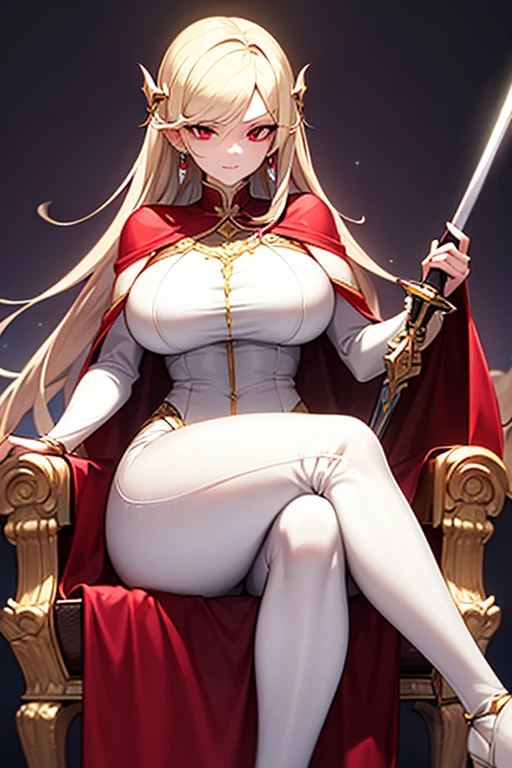 masterpiece, extra limbs, 1vampire lady, 250 years old,((light gold extra long hair)), slant blank ruby red eyes, big breasts, curvy,(pale white finely detailed skin), (serious),(((clothed sheath dress))),hair ornaments,earrings,cape,evil sword,crossed legs,sitting on throne,old castle,midnight