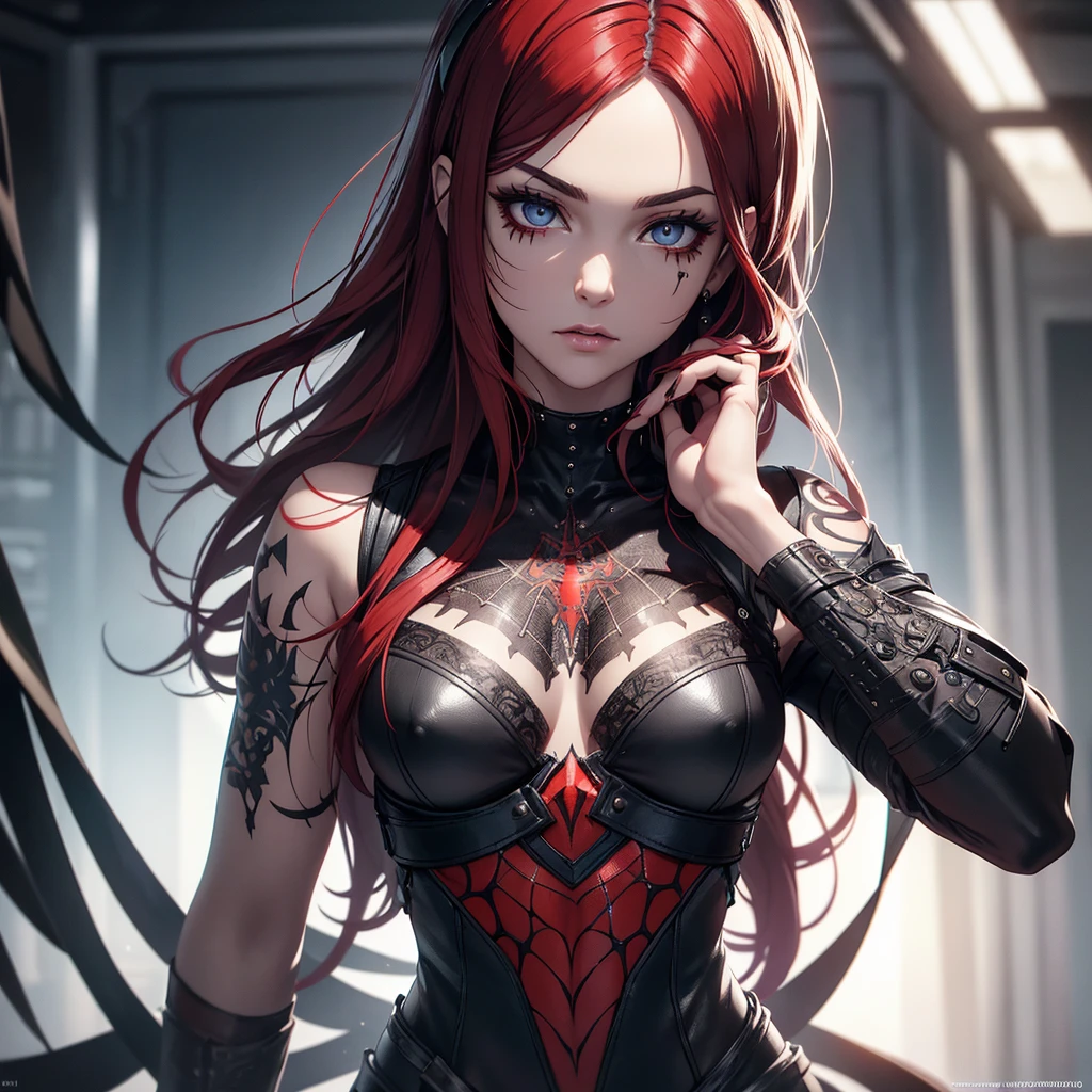 a slim, realistic girl with white skin and thin face, beautiful detailed eyes with black irises, beautiful detailed eyebrows, long straight fiery red hair, short rock'n roll style leather clothing, facial piercings, web tattoos spider on face and arms, black and white modern shapes background, best quality, 4k, 8k, highres, masterpiece:1.2, ultra-detailed, realistic, photorealistic, photo-realistic:1.37, HDR, UHD, studio lighting, ultra-fine painting, sharp focus, physically-based rendering, extreme detail description, professional, vivid colors, bokeh, portraits, horror, concept artists