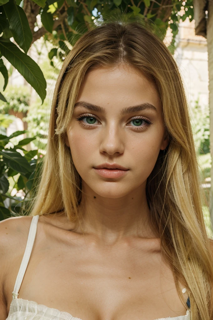 Italian girl face from southern Italy, big lips, green eyes, blond hair