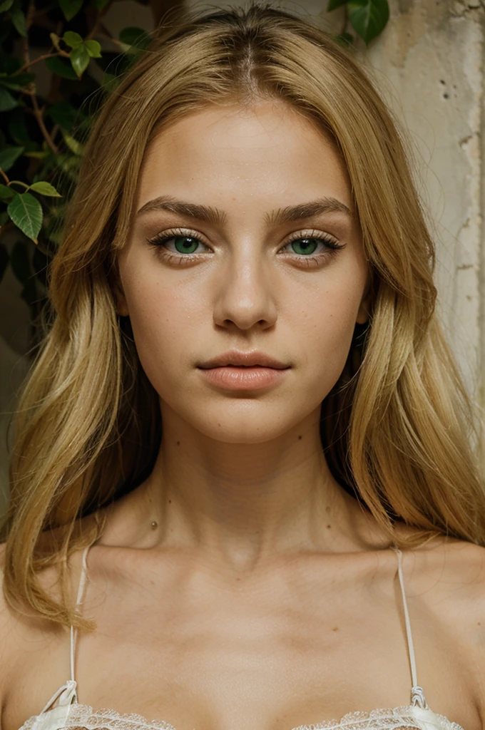 Italian girl face from southern Italy, big lips, green eyes, blond hair