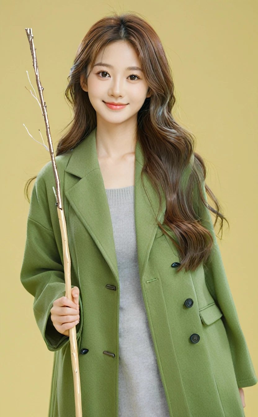 Realistic,Japanese young idol one girl portrait,Upper Body,Silvery, loosely wavy long hair,indoor,Holding a stick used by school teachers,Simple yellow-green background,smile,Tilting face,Wearing a green long coat,Popular Korean makeup,photoRealistic,