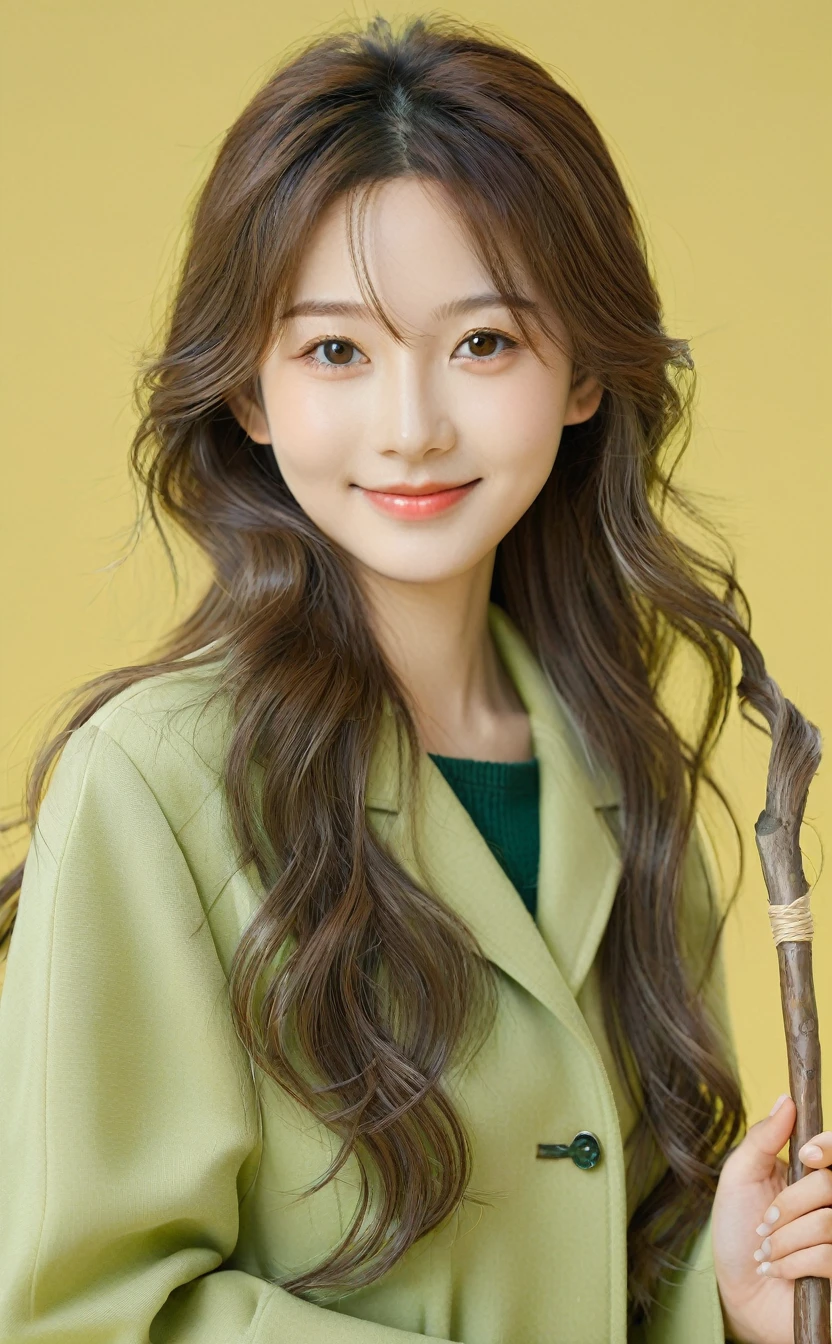 Realistic,Japanese young idol one girl portrait,Upper Body,Silvery, loosely wavy long hair,indoor,Holding a stick used by school teachers,Simple yellow-green background,smile,Tilting face,Wearing a green long coat,Popular Korean makeup,photoRealistic,