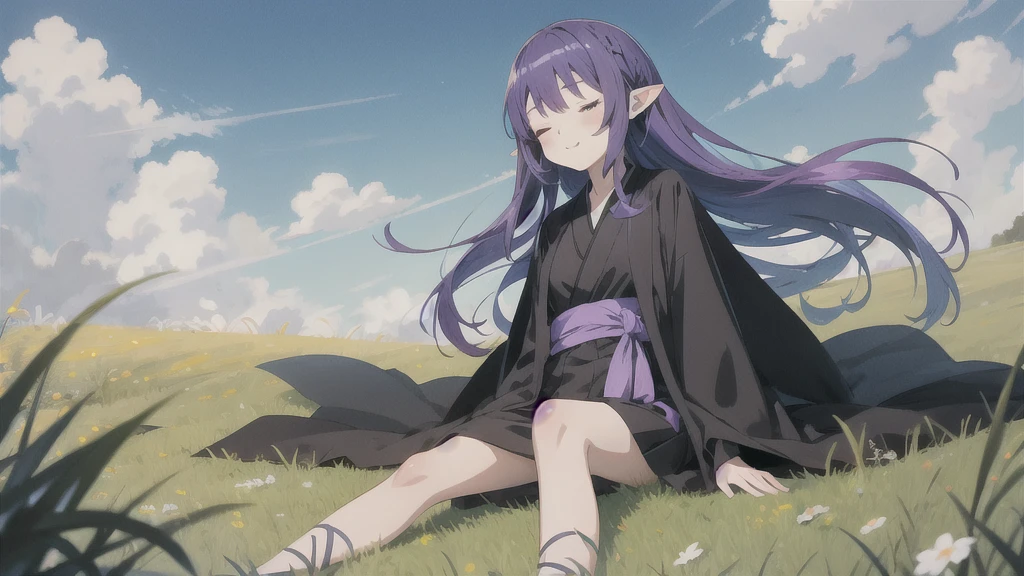 anime girl long purple hair wearing a black Robe. she has pointy ears. Manga kawaii. iridescent ,An illustration, 0ne person .Sitting in the grass, hair blowing in the wind, Eyes closed