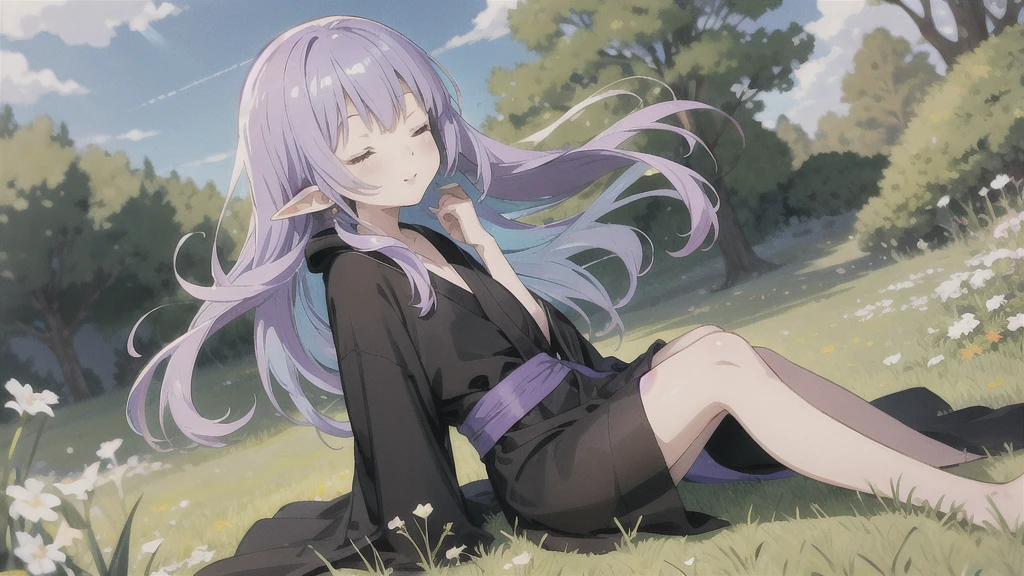 anime girl long purple hair wearing a black Robe. she has pointy ears. Manga kawaii. iridescent ,An illustration, 0ne person .Sitting in the grass, hair blowing in the wind, Eyes closed