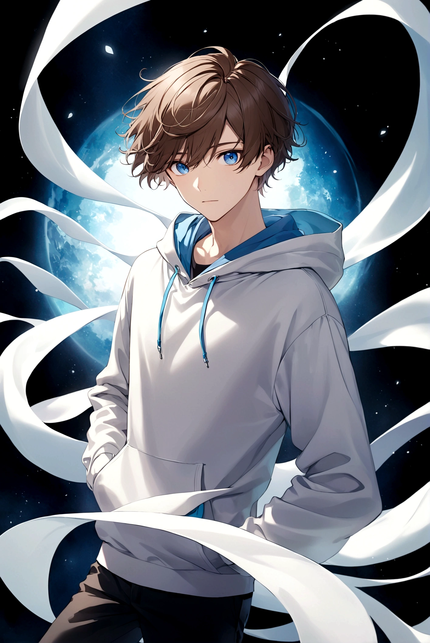 exquisite face,young man ,short brown hair,blue eyes ,hoodie