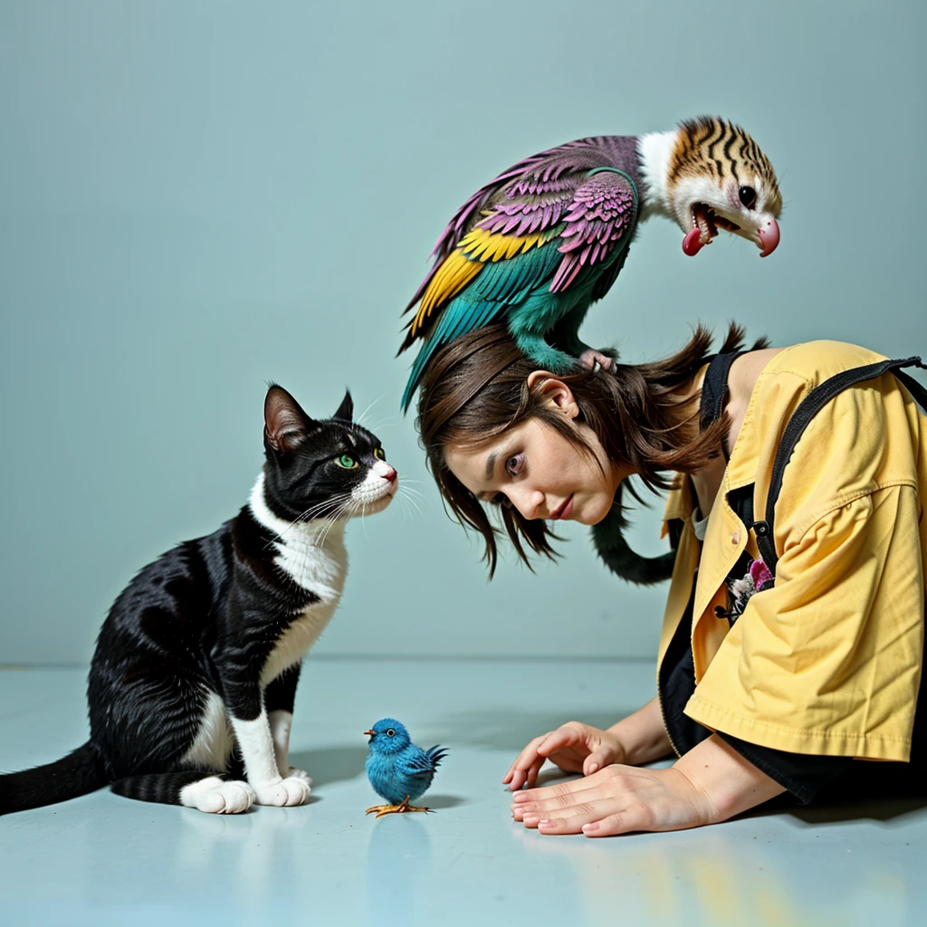 The last cat on earth nurturing a small colorful bird of hope at the end of time. Be creative. Post-apocalypse.