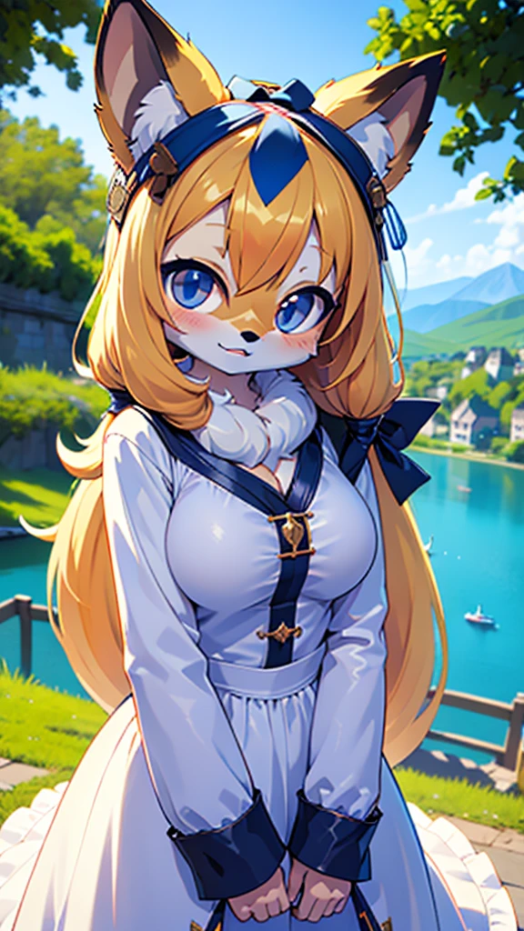 ((furry ear:1.3)),((chibi:2.5)),(White dress with frills:1.5),((very large bust size:1.8)),(fluffy tail:1.5),(Skirt unfolds:1.5),(pop art:1.8),(Chubby:1.5),((looking at the camera:1.5)),(furry foot:1.5),(Sparkling deep blue big eyes:1.7),(Round eyebrows:1.5),(Fisheye lens:1.5),(open your mouth and laugh:1.5),((on a hill overlooking the lake:1.5)),(wolf tail),((long hair:1.7)),furry,(a large black ribbon:1.5),(luxury medieval fantasy costume:1.5),(highest quality,4k,8K,High resolution,masterpiece:1.2), Super detailed, (realistic,realistic,realistic:1.37), HDR, UHD, studio lightning, ultra-fine goodinting, sharp focus, Physically based rendering, extrine detail description, Professional, Bright colors, Bokeh, (in) you bring, landscape, photograph, concept artist (Style), (with) vibrant color goodlette, (good) soft lighting. jewelry,sexy,tight clothes