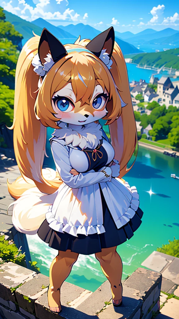 ((furry ear:1.3)),((chibi:2.5)),(White dress with frills:1.5),((very large bust size:1.8)),(fluffy tail:1.5),(Skirt unfolds:1.5),(pop art:1.8),(Chubby:1.5),((looking at the camera:1.5)),(furry foot:1.5),(Sparkling deep blue big eyes:1.7),(Round eyebrows:1.5),(Fisheye lens:1.5),(open your mouth and laugh:1.5),((on a hill overlooking the lake:1.5)),(wolf tail),((long hair:1.7)),furry,(a large black ribbon:1.5),(luxury medieval fantasy costume:1.5),(highest quality,4k,8K,High resolution,masterpiece:1.2), Super detailed, (realistic,realistic,realistic:1.37), HDR, UHD, studio lightning, ultra-fine goodinting, sharp focus, Physically based rendering, extrine detail description, Professional, Bright colors, Bokeh, (in) you bring, landscape, photograph, concept artist (Style), (with) vibrant color goodlette, (good) soft lighting. jewelry,sexy,tight clothes