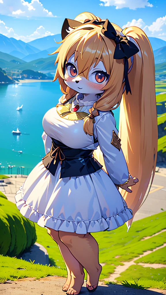 ((furry ear:1.3)),((chibi:2.5)),(White dress with frills:1.5),((very large bust size:1.8)),(fluffy tail:1.5),(Skirt unfolds:1.5),(pop art:1.8),(Chubby:1.5),((looking at the camera:1.5)),(furry foot:1.5),(Sparkling deep blue big eyes:1.7),(Round eyebrows:1.5),(Fisheye lens:1.5),(open your mouth and laugh:1.5),((on a hill overlooking the lake:1.5)),(wolf tail),((long hair:1.7)),furry,(a large black ribbon:1.5),(luxury medieval fantasy costume:1.5),(highest quality,4k,8K,High resolution,masterpiece:1.2), Super detailed, (realistic,realistic,realistic:1.37), HDR, UHD, studio lightning, ultra-fine goodinting, sharp focus, Physically based rendering, extrine detail description, Professional, Bright colors, Bokeh, (in) you bring, landscape, photograph, concept artist (Style), (with) vibrant color goodlette, (good) soft lighting. jewelry,sexy,tight clothes