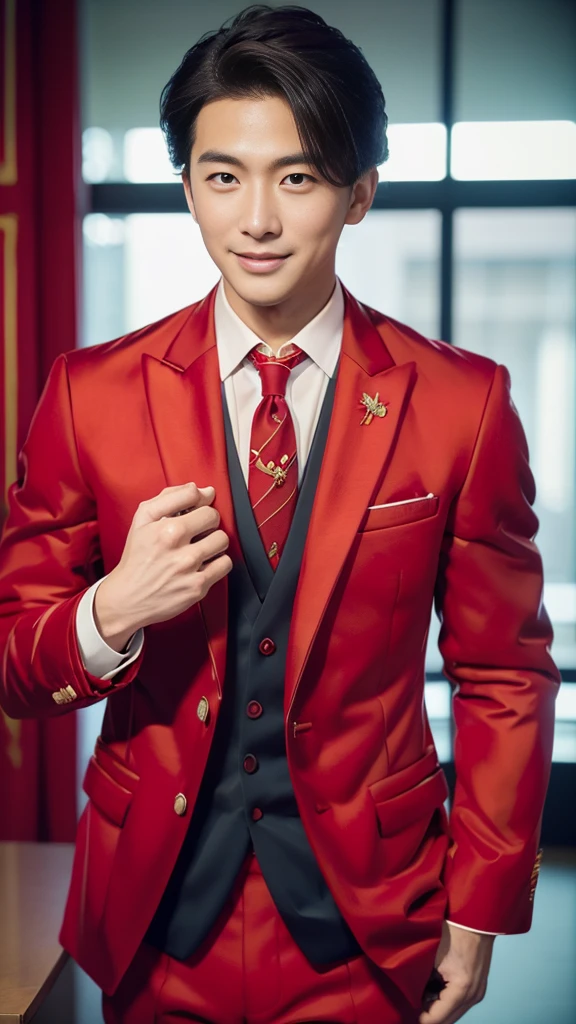 red suit,(Highest quality、Best picture quality、16k high resolution)、asian men、handsome man、30 years old、Happy young asian men businessman president、Very attractive businessman, (((ชุดred suit:1.5)))、Masterpiece、Realistic photos、blurred background、Big smile、Latest stylish suits 、medium hair、Really cool、blink、Soft skin and a perfectly beautiful face、8K、Surreal、