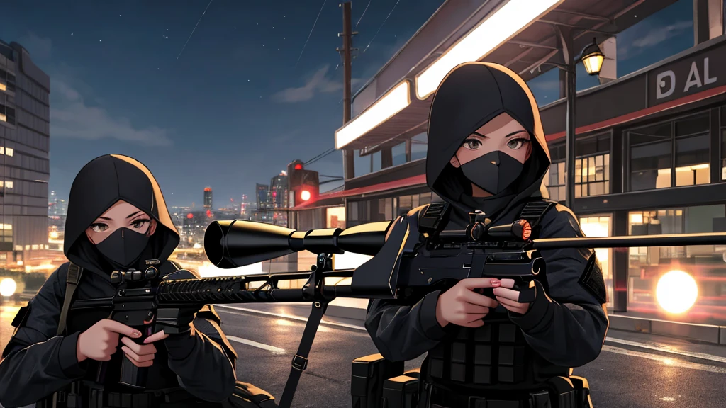 One wearing a black tactical outfit with a mask covering half of her face holding a sniper Aiming down at night 