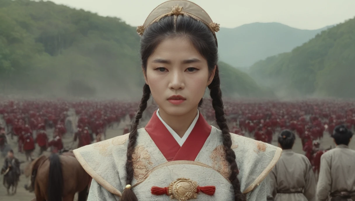 a shot from movie scene by Akira Kurosawa, Lisa Blackpink as beautiful Ancient Japanese female general on the battlefield