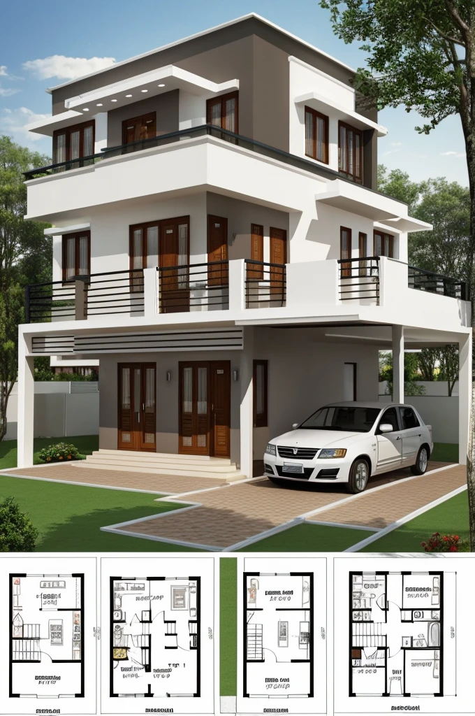 Create a floor plan design for 7 meter X 5 meter 2 storey house with 3 bedroom and carport