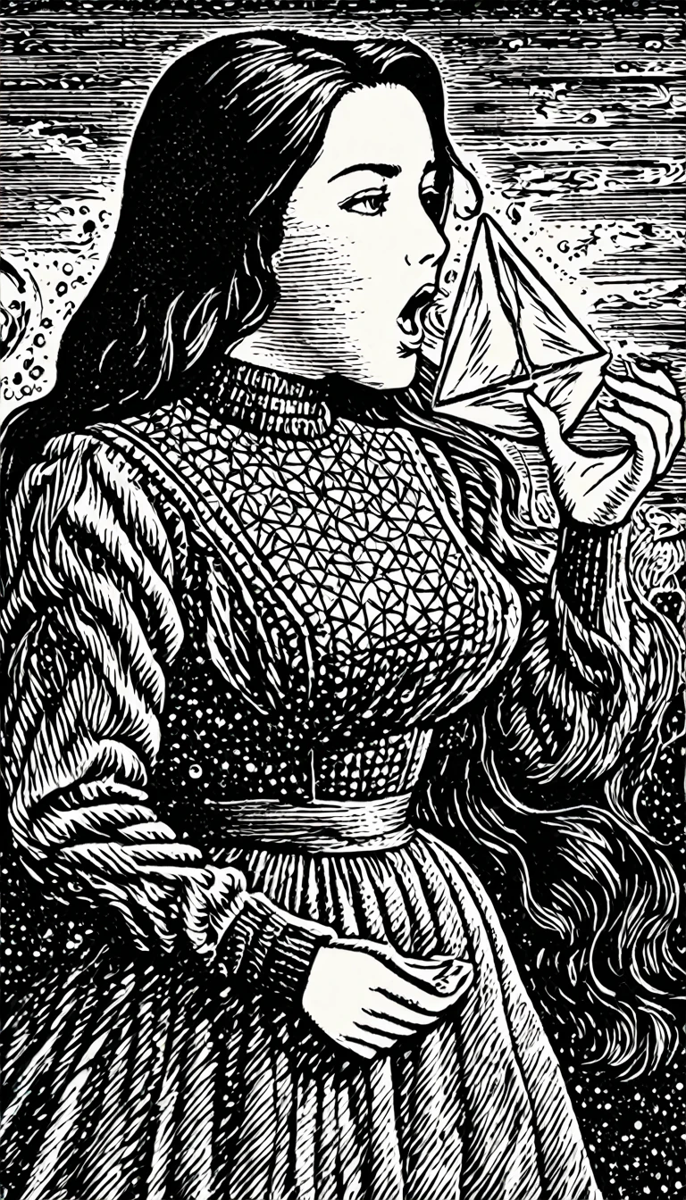 (Black and white woodcut:1.5)、(Second floor in black and white.)、foreground, dark and sinister atmosphere、profile face of a woman long black hair, hairstyle with long ponytail , huge breasts, turtleneck blouse, outlined curves wearing a long skirt, with gloves looking down at the object in his hands, holding a tetrahedron shape that emits light and floats in his hands, open mouth with a shocked face, Mysterious、