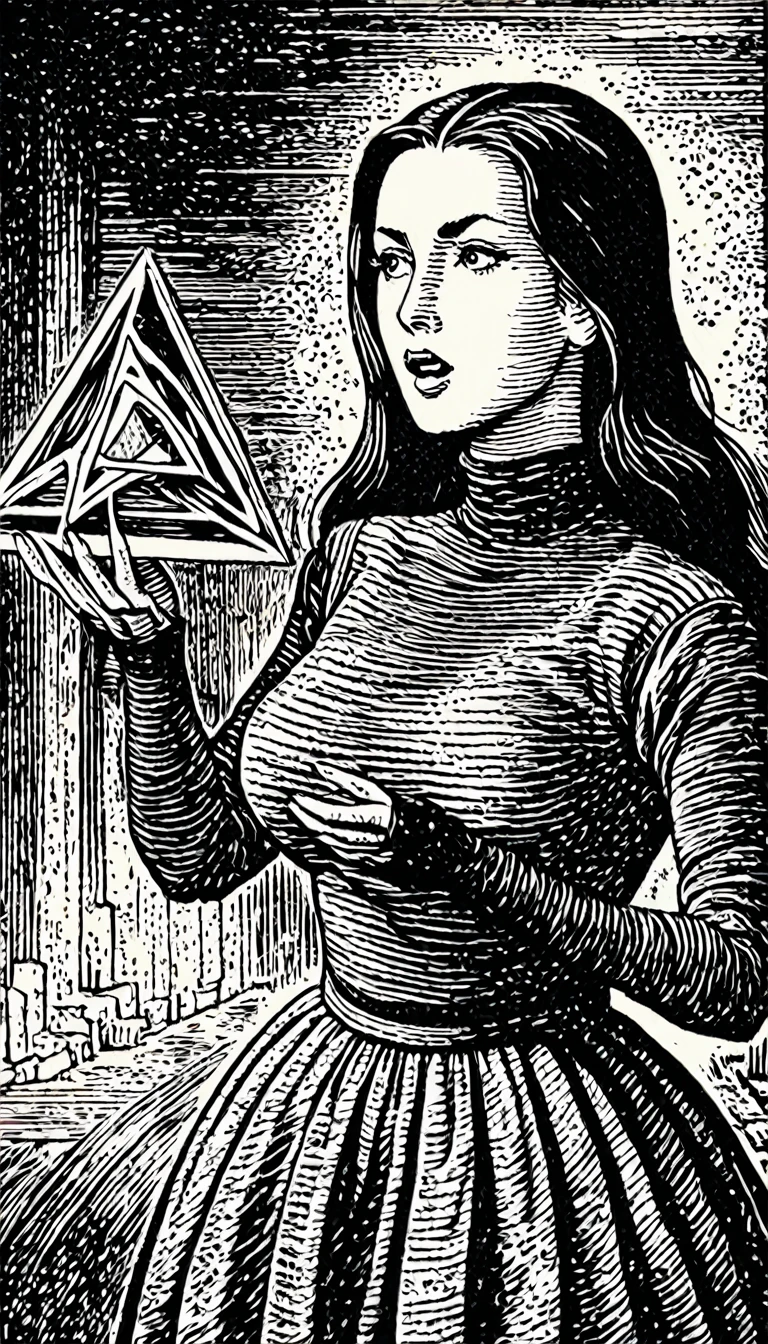 (Black and white woodcut:1.5)、(Second floor in black and white.)、foreground, dark and sinister atmosphere、profile face of a woman long black hair, hairstyle with long ponytail , huge breasts, turtleneck blouse, outlined curves wearing a long skirt, with gloves looking down at the object in his hands, holding a tetrahedron shape that emits light and floats in his hands, open mouth with a shocked face, Mysterious、