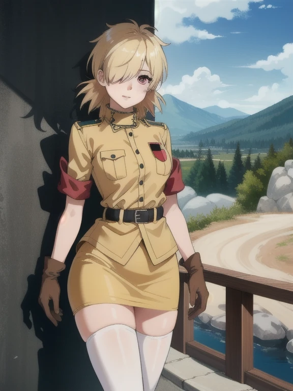 (masterpiece, best quality),  intricate details,
1girl, seras victoria, hair over one eye, blue / red eyes, military uniform, yellow shirt, gloves, skirt, white thighhighs, belt, multiple views, scenery