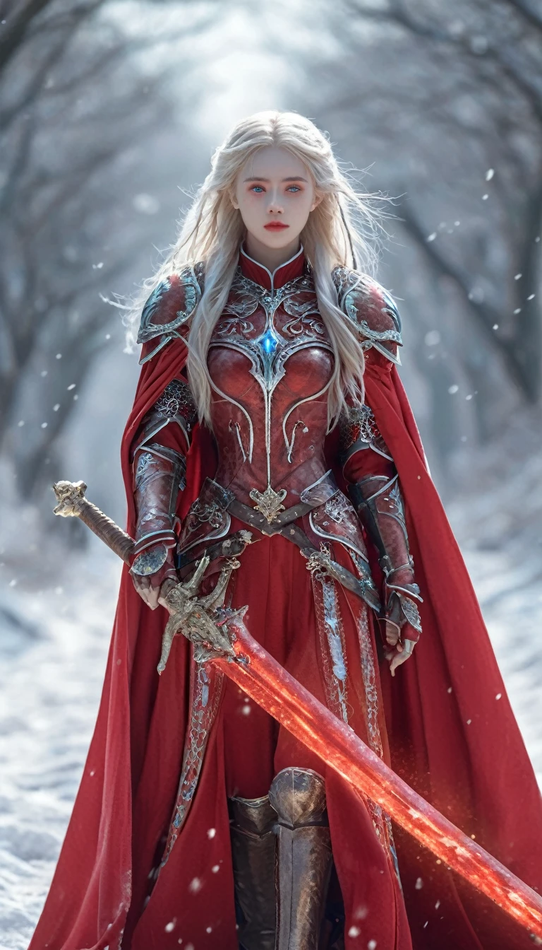 excellent quality, masterpiece, best quality, Ultra Detailed, Extremely detailed, Ultra HD, beautiful girl, Perfect anatomical structure, Perfect body, Model, Fashion pose, Wearing full magical red armor and red cape, Holding a crystal sword, Snowy medieval road, (random color:1.4),
Long hair, Various hairstyles, White hair, blue eyes, Glowing eyes,
Extremely detailed, hkstyle