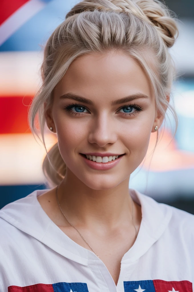 gorgeous, beautiful, 21 years old scandinavian, white hair in a bun, best photo ever, men magazine portrait, USA independence day theme, (((Happy 4th of July themed shirt on))), america colors, america's flag, beautiful smile, perfect teeth, seductive, flirty, full body photo, america flag background, smiling, detailed skin, realistic, photo-realistic, 8k sharp focus, highly detailed, full length frame, High detail RAW color art, piercing, diffused soft lighting, shallow depth of field, sharp focus, hyperrealism, cinematic lighting