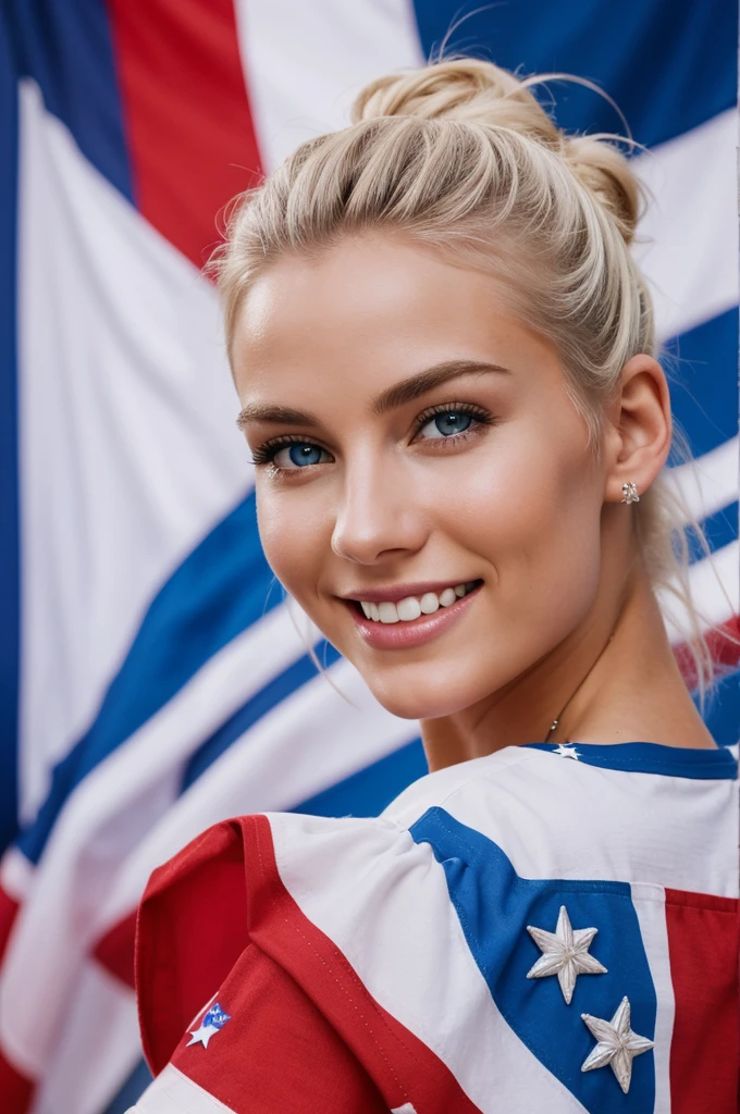 gorgeous, beautiful, 21 years old scandinavian, white hair in a bun, best photo ever, men magazine portrait, USA independence day theme, (((Happy 4th of July themed shirt on))), america colors, america's flag, beautiful smile, perfect teeth, seductive, flirty, full body photo, america flag background, smiling, detailed skin, realistic, photo-realistic, 8k sharp focus, highly detailed, full length frame, High detail RAW color art, piercing, diffused soft lighting, shallow depth of field, sharp focus, hyperrealism, cinematic lighting