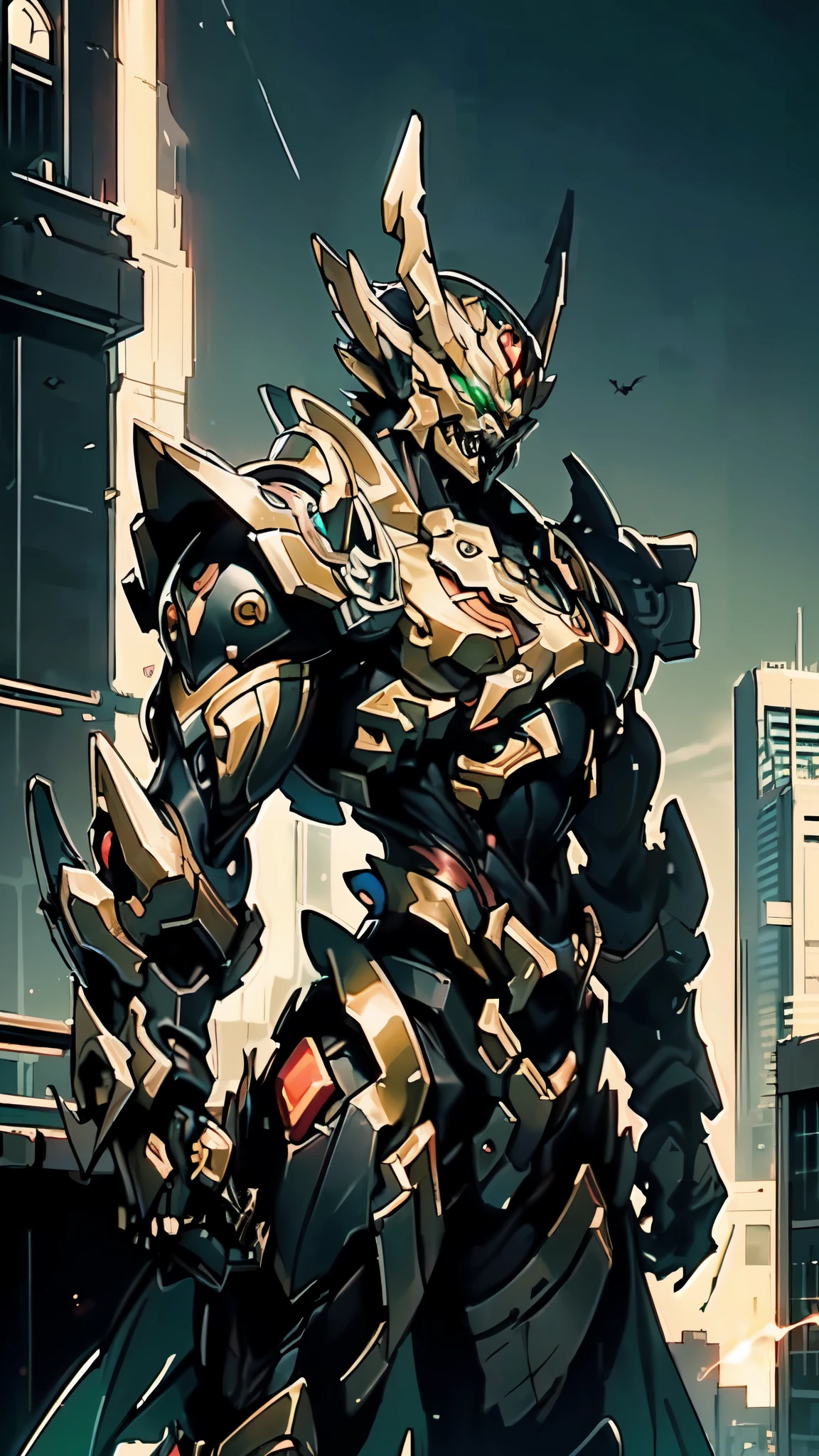 (masterpiece:1.5, best quality:1.5, extremely delicate:1.5, perspective:1.5, foreshortening:1.5, dynamic angle:1.5), a man wearing a full-face helmet, a fantasy-style biotech armored combat suit, green eyes, (a composite layered chest armor), fully enclosed shoulder guards, matching arm and leg guards, the belt is adorned with fangs biting into orbs, (the color scheme is primarily black with red accents), the design balances heavy with agility, a high-tech bio-mecha armor, (Armor Concept Inspired by Bat, stand on the top of a skyscraper in a futuristic sci-fi city), this character embodies a finely crafted fantasy-surreal style armored hero in anime style, exquisite and mature manga art style, (element, plasma, energy, the armor glows), ((male:1.5)), metallic, high definition, highres, ultra-detailed, ultra-fine painting, professional, perfect body proportions, golden ratio, anatomically correct, symmetrical face, extremely detailed eyes and face, high quality eyes, creativity, RAW photo, UHD, 32k, Natural light, cinematic lighting, masterpiece-anatomy-perfect