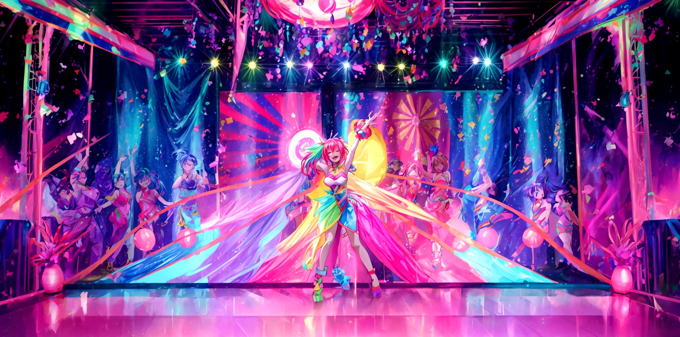 A vibrant and colorful anime-style dance floor scene. The background features bright neon lights and a lively atmosphere. The setting includes shining disco balls and colorful lights painting the floor, creating a sense of celebration and happiness. The scene captures the essence of a joyful and upbeat dance party, with a magical and festive environment.