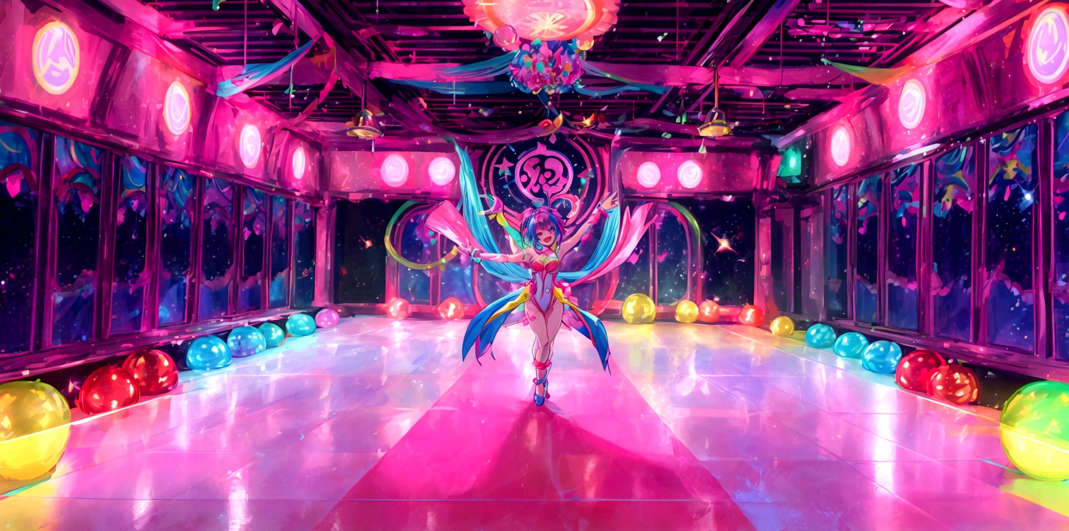 A vibrant and colorful anime-style dance floor scene. The background features bright neon lights and a lively atmosphere. The setting includes shining disco balls and colorful lights painting the floor, creating a sense of celebration and happiness. The scene captures the essence of a joyful and upbeat dance party, with a magical and festive environment.