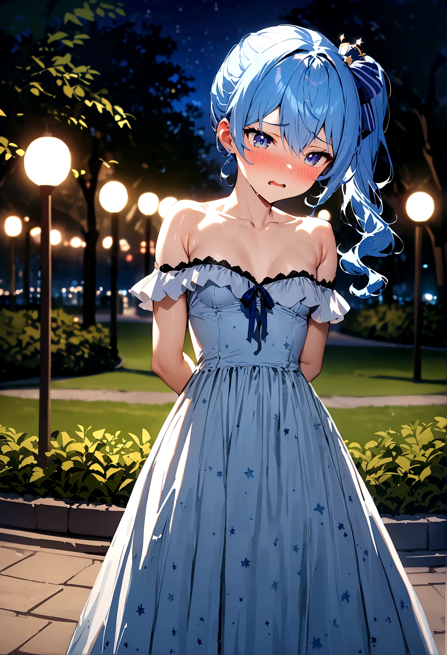 NSFW,masterpiece,Highest quality,High resolution,Super detailed,Star Town Suisei\(Hololive\),Blue Hair,One Side Ponytail,Blue Eyes,Long dress,Off the shoulder,Small breasts,Embarrassed,blush,Night Park,Unpopular place