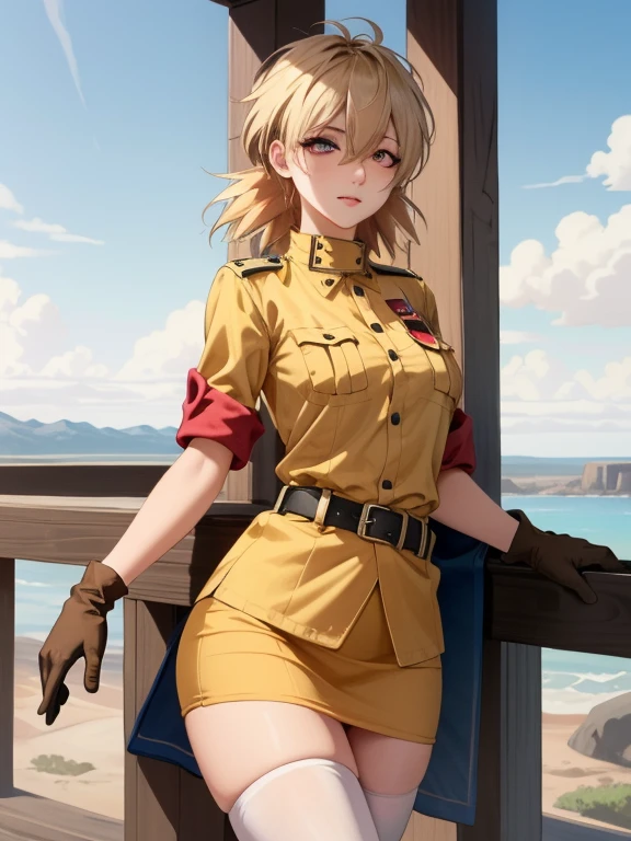 nsfw, (masterpiece, best quality),  intricate details,
1girl, seras victoria, hair over one eye, blue / red eyes, military uniform, yellow shirt, gloves, skirt, white thighhighs, belt, multiple views, scenery