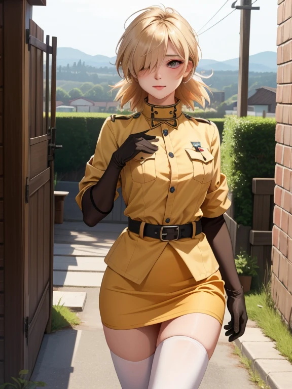 nsfw, (masterpiece, best quality),  intricate details,
1girl, seras victoria, hair over one eye, blue / red eyes, military uniform, yellow shirt, gloves, skirt, white thighhighs, belt, multiple views, scenery