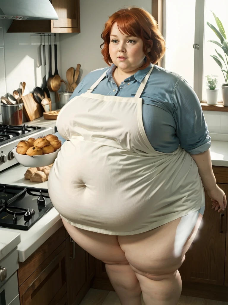 A muffin-baking photo of a middle-aged beautiful bottom heavy tradwife redhead ssbbw with pear-bodyhape, extreme wide hips, with short ginger hair soft fat belly, extremely wide fat obese hips, very obese legs, thick fat wide legs and fat arms, huge wide butt, cute pretty face, small breasts, blue eyes, freckles, in a long cooking apron in a kitchen, makeing lot ot muffins