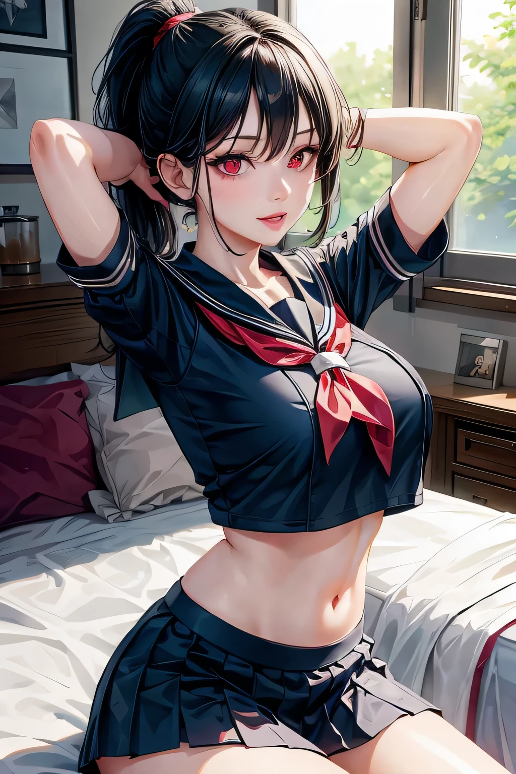 woman, sexy woman, female, mommy, black hair, red eyes, detailed eyes, detailed lips, big breasts, midriff peek, sailor uniform, sit with crossed legs, bedroom, evil smile, seductive lips, looking back crop top overhang, adjusting hair, pony tail, skirt