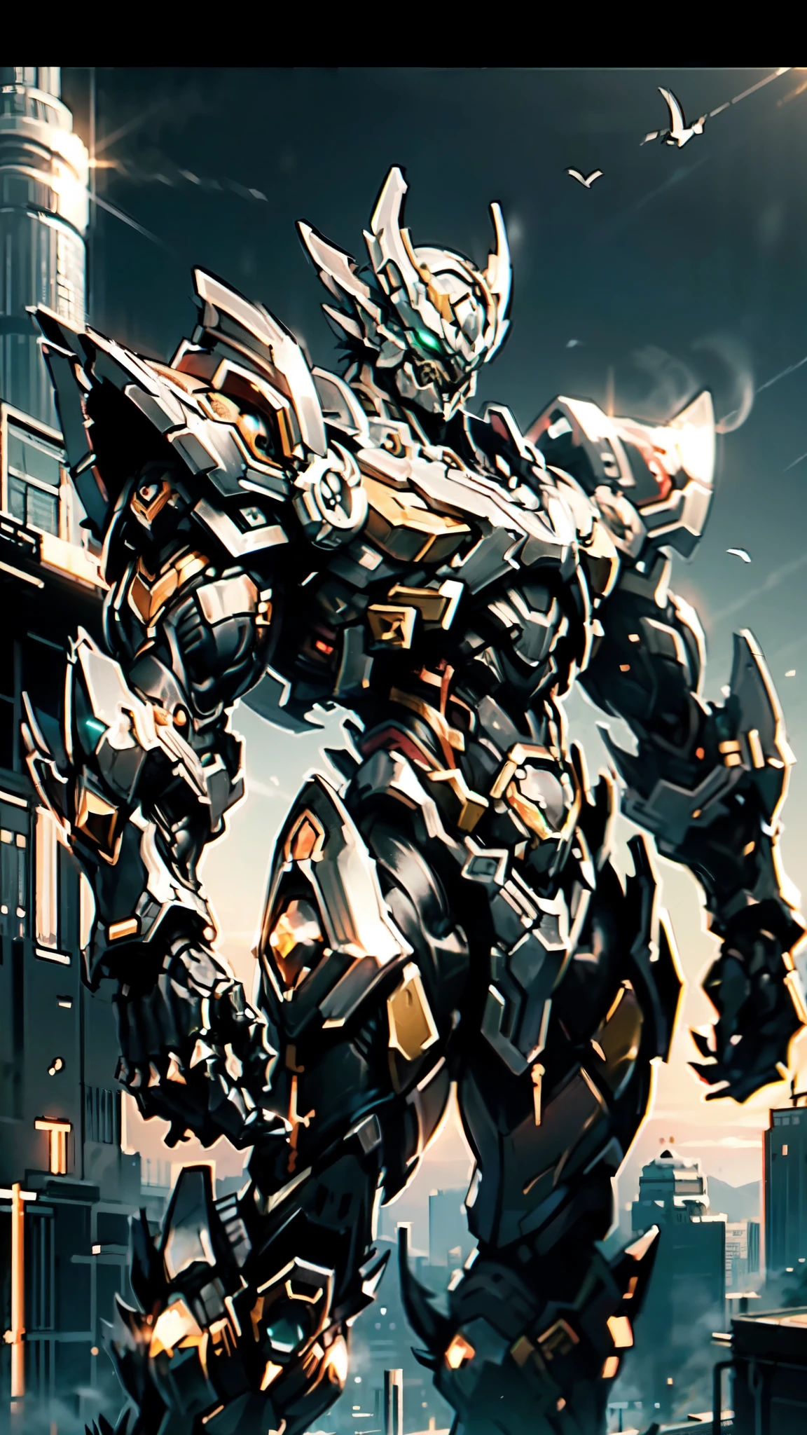 (masterpiece:1.5, best quality:1.5, extremely delicate:1.5, perspective:1.5, foreshortening:1.5, dynamic angle:1.5), a man wearing a full-face helmet, a fantasy-style biotech armored combat suit, green eyes, (a composite layered chest armor), fully enclosed shoulder guards, matching arm and leg guards, the belt is adorned with fangs biting into orbs, (the color scheme is primarily black with red accents), the design balances heavy with agility, a high-tech bio-mecha armor, (Armor Concept Inspired by Bat, stand on the top of a skyscraper in a futuristic sci-fi city), this character embodies a finely crafted fantasy-surreal style armored hero in anime style, exquisite and mature manga art style, (element, plasma, energy, the armor glows), ((male:1.5)), metallic, high definition, highres, ultra-detailed, ultra-fine painting, professional, perfect body proportions, golden ratio, anatomically correct, symmetrical face, extremely detailed eyes and face, high quality eyes, creativity, RAW photo, UHD, 32k, Natural light, cinematic lighting, masterpiece-anatomy-perfect