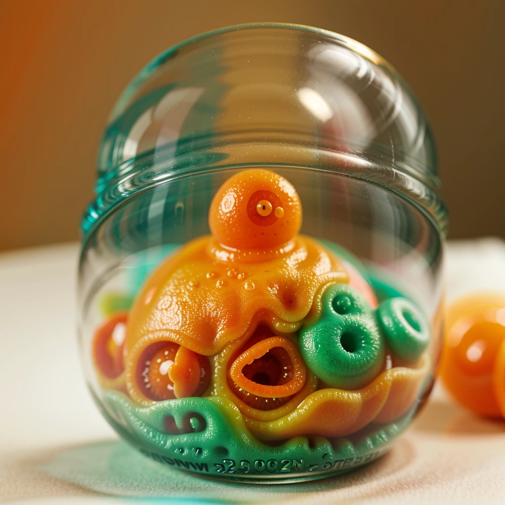 bokeh style, macro, Miniature from Hyper-realistic image on paper of an orange blob of slime with small round appendages for arms wrapped around an alien face