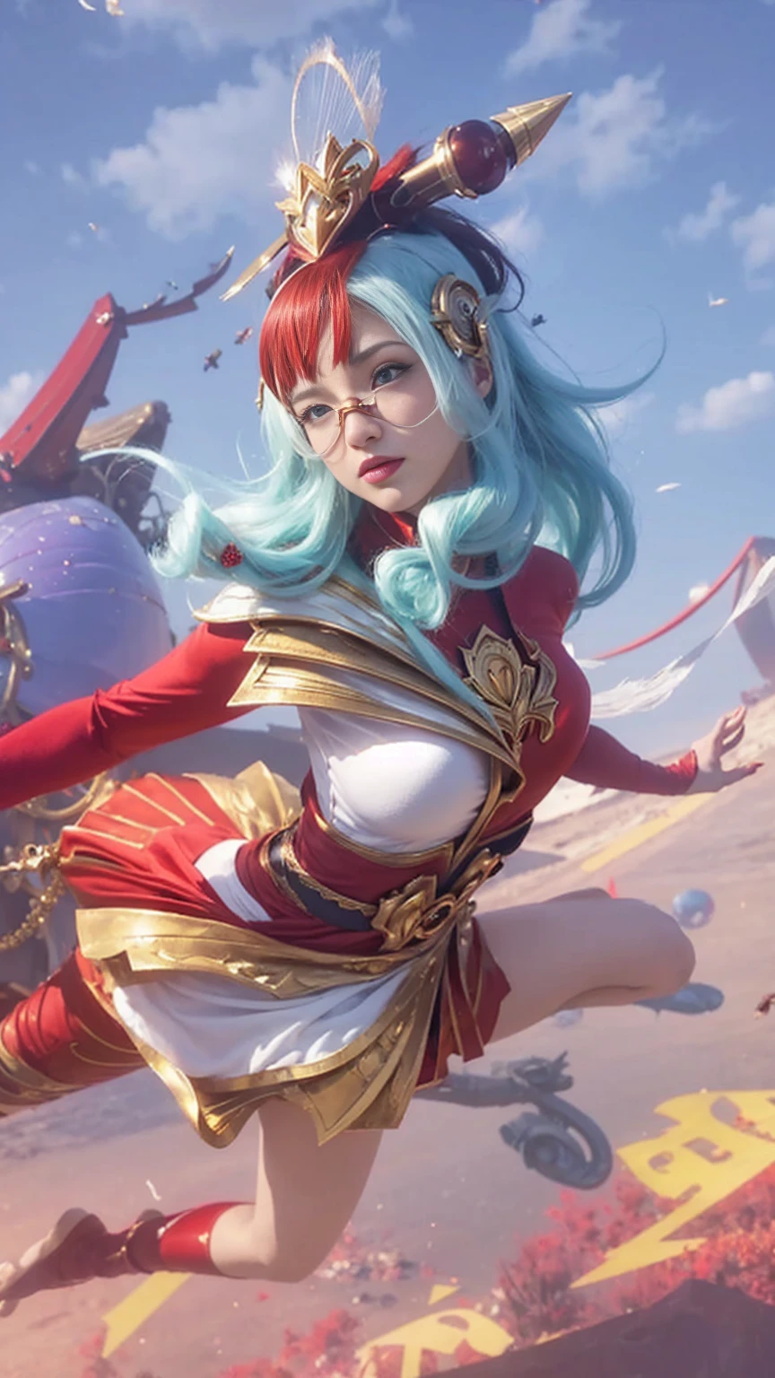 a woman Beautiful in a red and gold outfit flying through the air, style artgerm, ig model | artgerm, extremely detailed artgerm, samira from league of legends, artgerm lau, league of legends character, trending artgerm, artgerm style, style of artgerm, artgerm detailed, ! dream artgerm