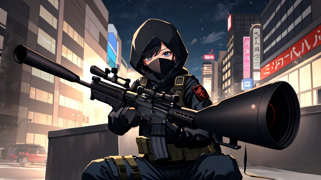 One wearing a black tactical outfit with a mask covering half of her face holding a sniper Aiming down at night 