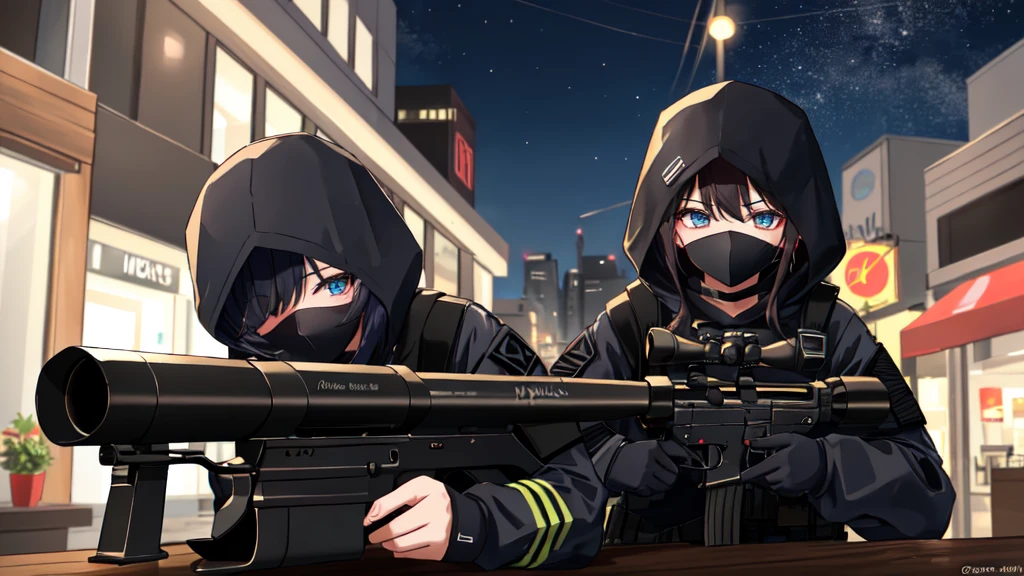 One wearing a black tactical outfit with a mask covering half of her face holding a sniper Aiming down at night 