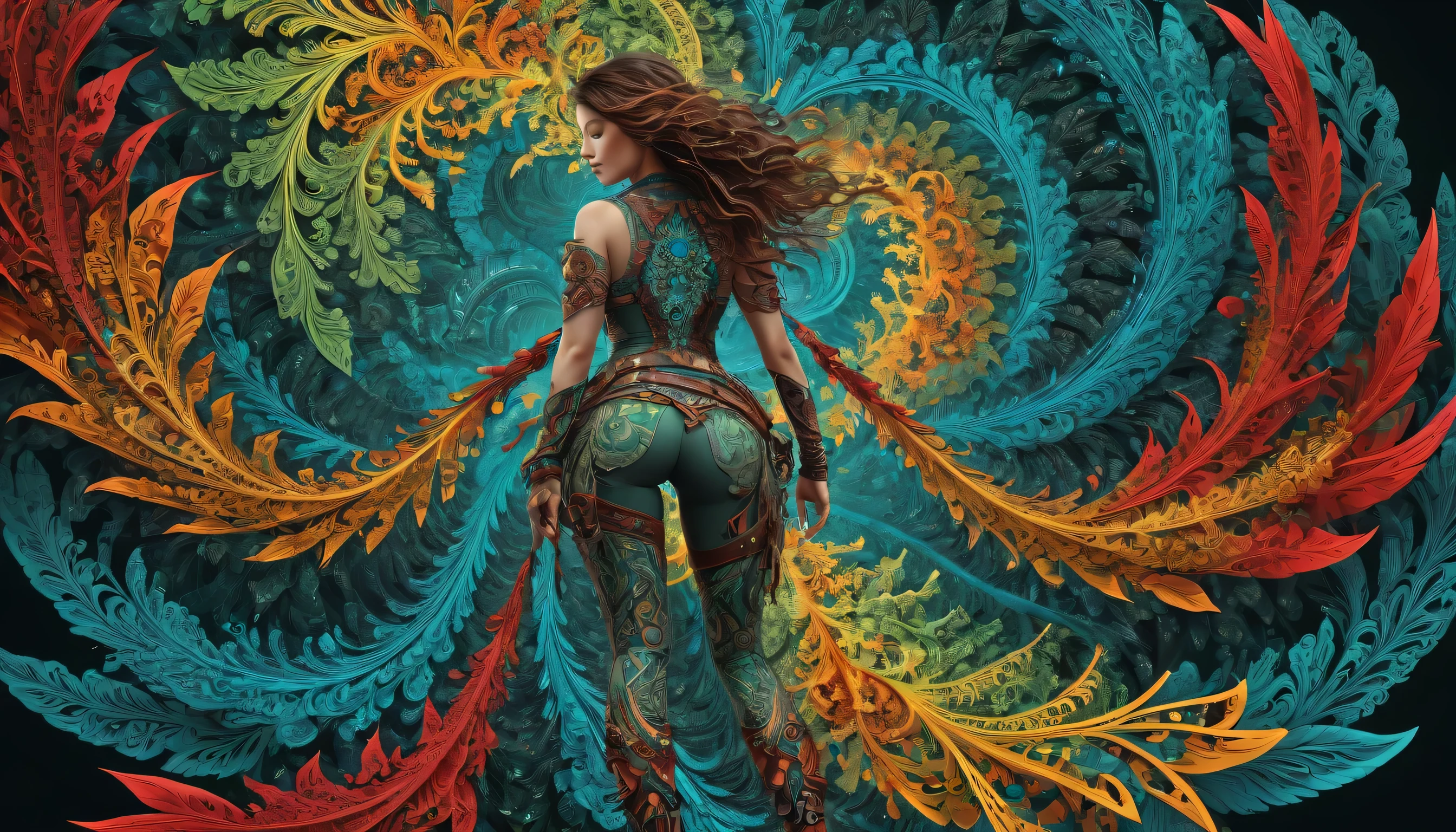 (full body , back view) ,Official Art, Unity 8K Wallpaper, Super Detailed, Beautiful and Aesthetic, Masterpiece, Top Quality, (Zentangle, Mandala, Tangle, Tangle), (Fractal Art: 1.3), One Girl, Highly Detailed, Dynamic Angle, Cowboy Shot, the most beautiful form chaos, elegant, brutalist design, bright colors, red, cyan, yellow, green, romanticism