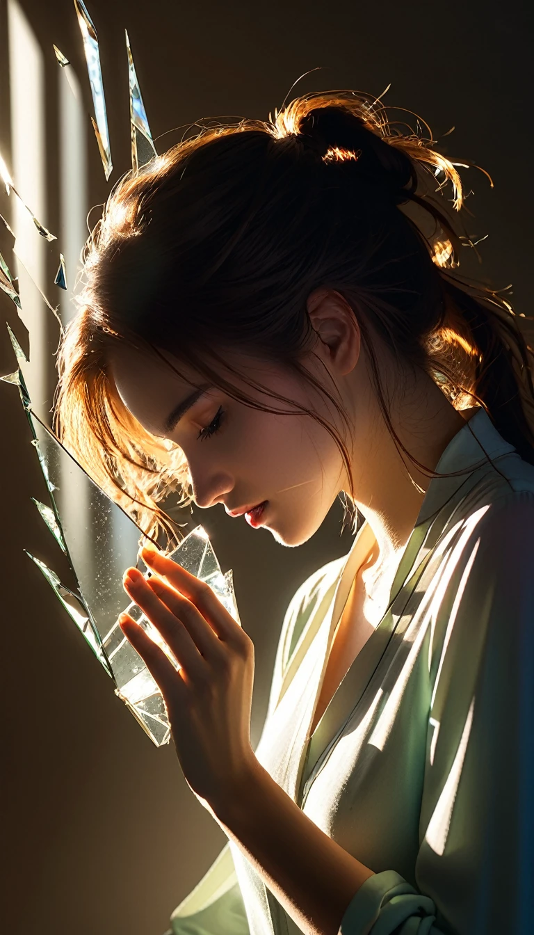 broken glass,broken,fracture,Reflective,The Art of Light and Shadow,1 Half of a girl's body close-up,blurred foreground,dynamic action,Blur,glow(Giant Long Sword:1.8),red light,Realistic Sword,3d ,Unreal engine,rendering,Scary Shadows